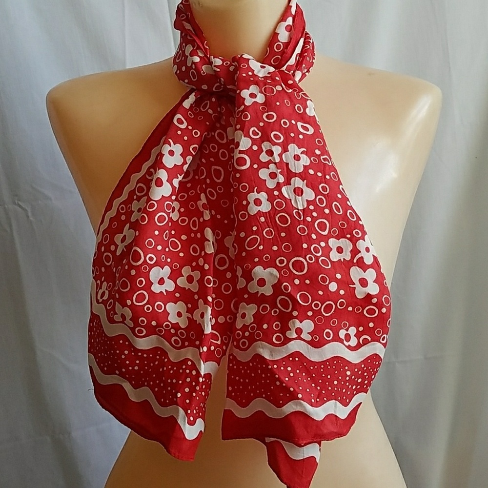 Vintage Silk 60's Red White Floral Mod Scarf